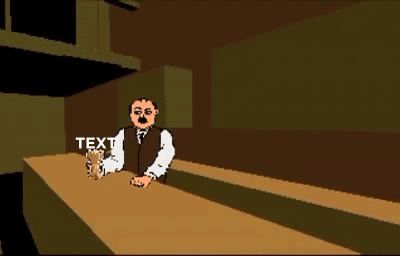 Animated gif: A bartender sliding a glass of beer to a patron, who doesn't catch it, and the glass crashes to the floor. Both the glass and the patron are simply labelled TEXT.
